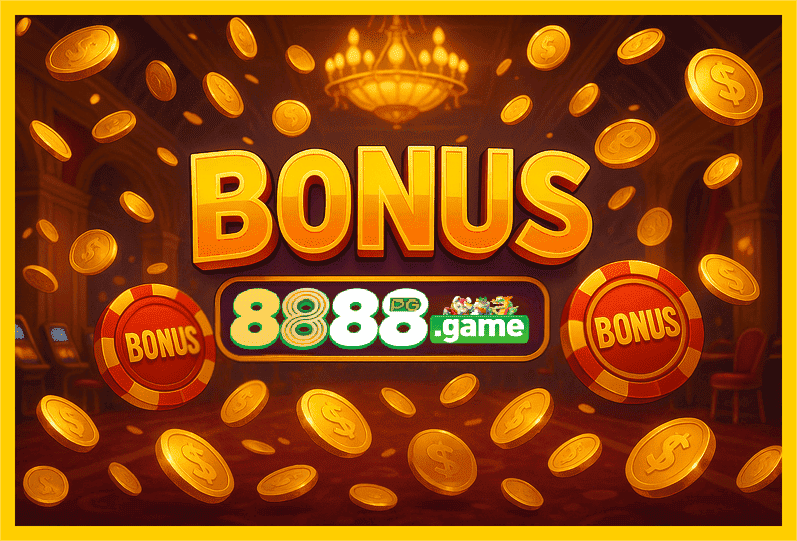 Imagem promovendo bônus 8888GAME com recompensas imperdíveis.